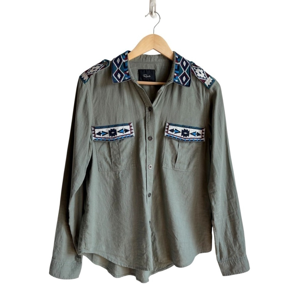 Rails Olive Green Button-Up Shirt with Blue Tribal Trim - Picture 2 of 12